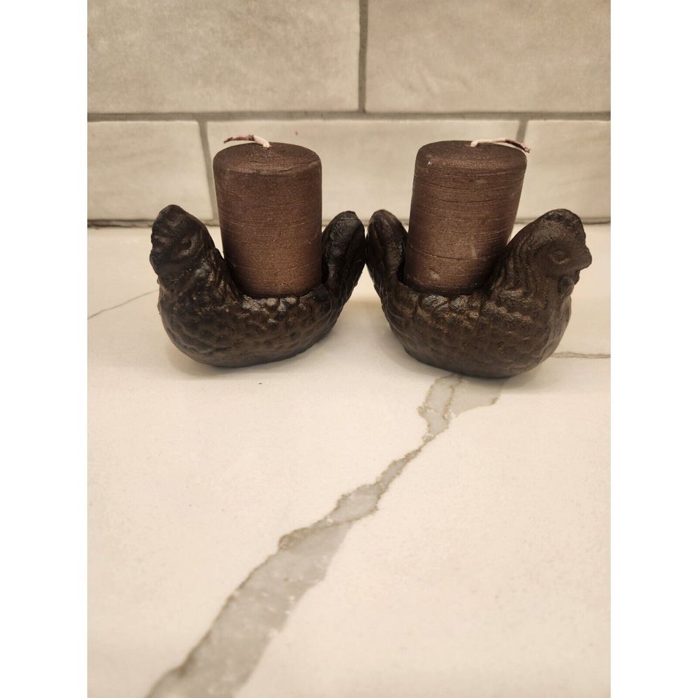 Set/2 Cast Iron Chicken‎ Hen Votive Or Tealight Candle Holders Farmhouse Rustic